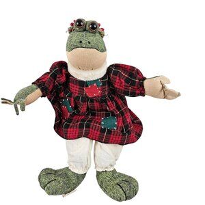 Christmas Frog Shelf Sitter Plush Doll Basket Dress Apron Croaks Jingle Bells